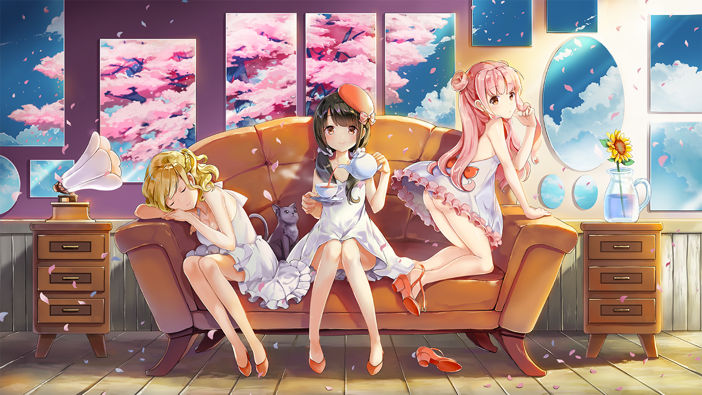 animal, ass, black_hair, blonde_hair, bow, brown_eyes, cat, cherry_blossoms