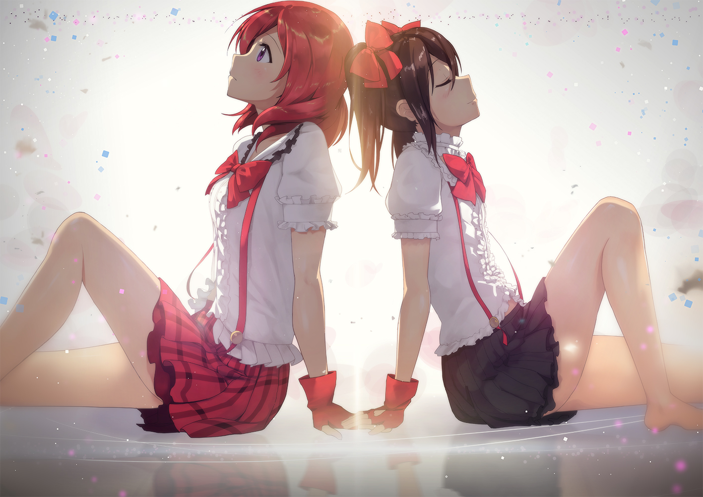 2girls, barefoot, black_hair, blush, bow, gloves, love_live!_school_idol_project, nishikino_maki, purple_eyes, redame, red_hair, short_hair, skirt, twintails, yazawa_nico