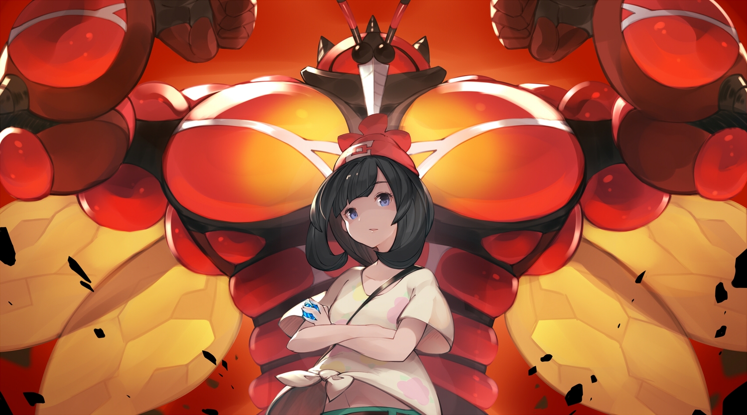 black_hair, blue_eyes, buzzwole, hat, mizuki_(pokemon), pokemon, short_hair, teko
