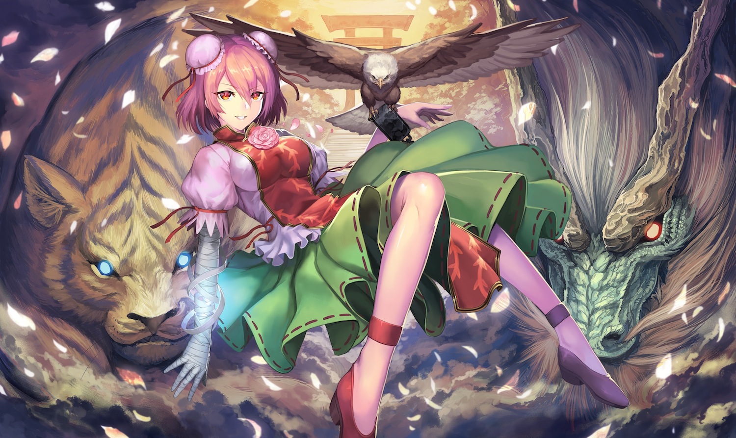 animal, bandage, bird, blue_eyes, breasts, chinese_clothes, chinese_dress, dragon