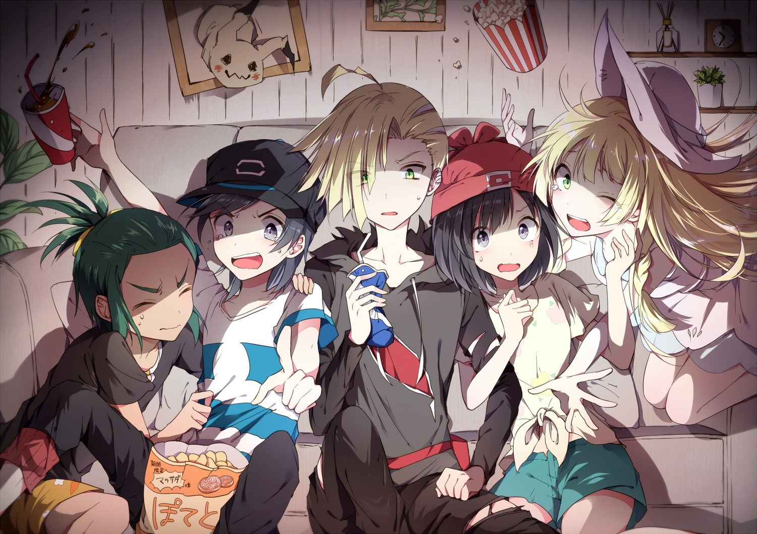 black_eyes, black_hair, blonde_hair, blush, drink, food, gladio_(pokemon), green_eyes, green_hair, group, hat, hau_(pokemon), lillie_(pokemon), long_hair, male, mimikyu, mizuki_(pokemon), pokemon, ponytail, shirt, short_hair, shorts, tears, tobari_(brokenxxx), you_(pokemon)