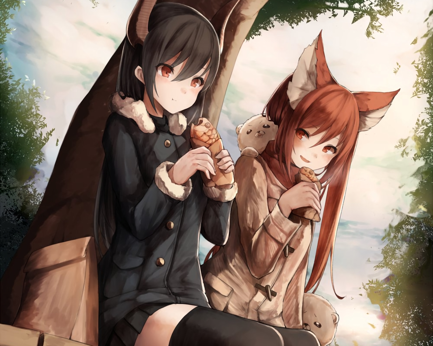 2girls, animal_ears, cerberus_(shingeki_no_bahamut), cropped, food, forte_(shingeki_no_bahamut), foxgirl, horns