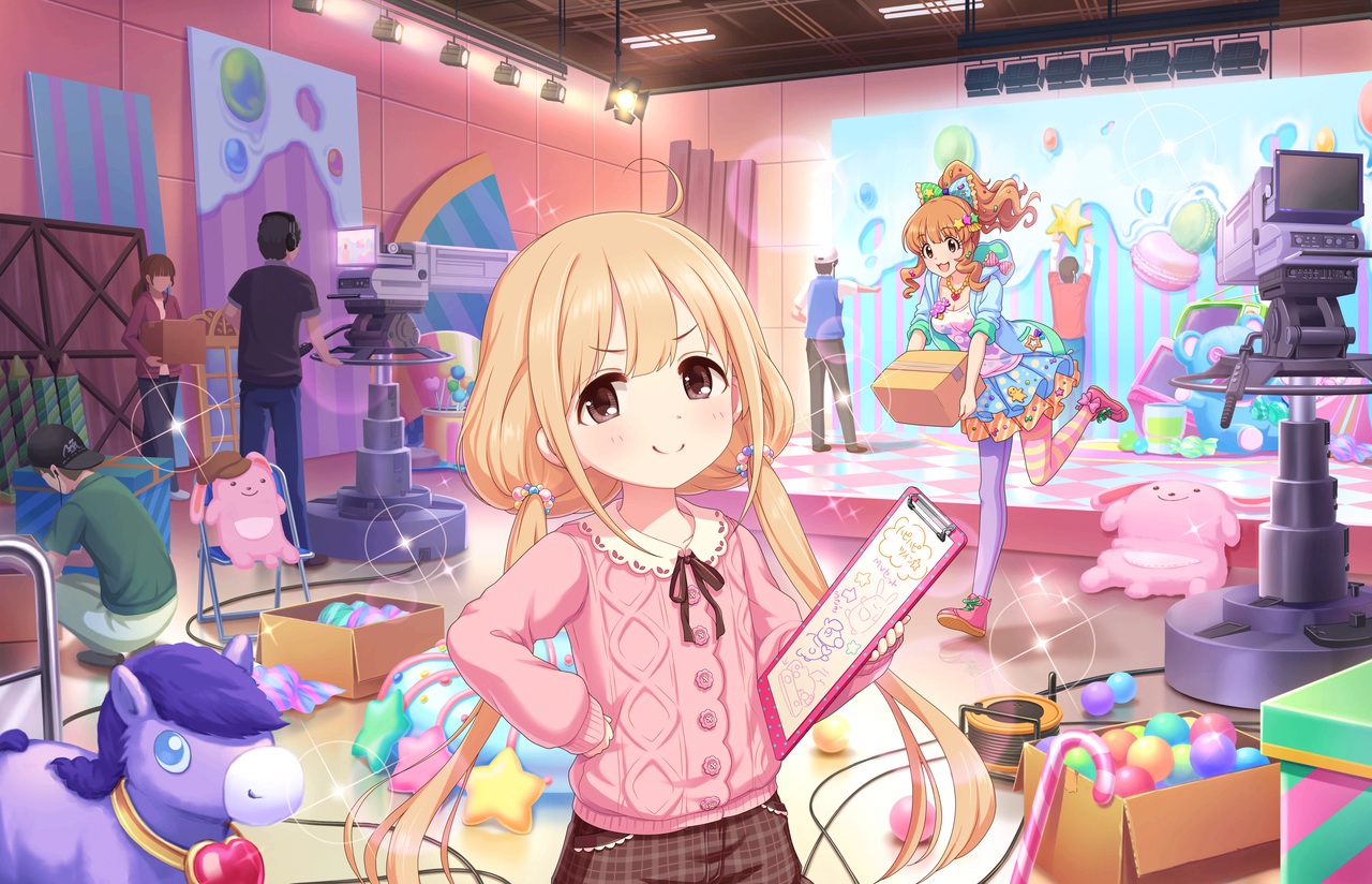 ball, black_hair, blonde_hair, bow, brown_eyes, brown_hair, camera, dress