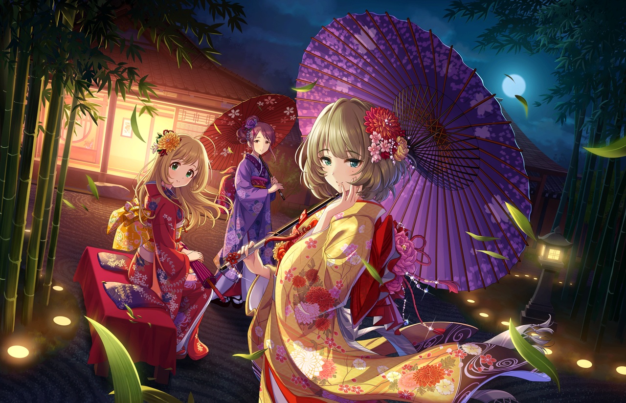 bicolored_eyes, blonde_hair, brown_eyes, clouds, flowers, green_eyes, hoshimoriuta, idolmaster, idolmaster_cinderella_girls, idolmaster_cinderella_girls_starlight_stage, japanese_clothes, kimono, long_hair, mifune_miyu, moon, petals, satou_shin, short_hair, sky, takagaki_kaede, umbrella