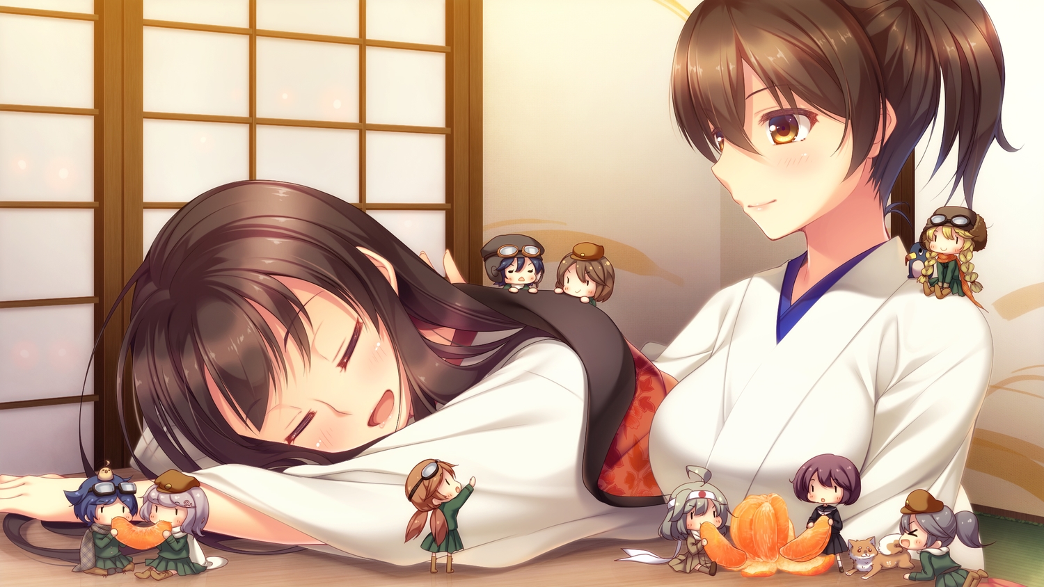 akagi_(kancolle), animal, anthropomorphism, blonde_hair, blue_hair, blush, braids, brown_hair, dress, failure_penguin, fairy_(kancolle), food, fruit, glasses, hat, headband, imachireki, japanese_clothes, kaga_(kancolle), kantai_collection, kneehighs, long_hair, ribbons, scarf, school_uniform, short_hair, sleeping, twintails