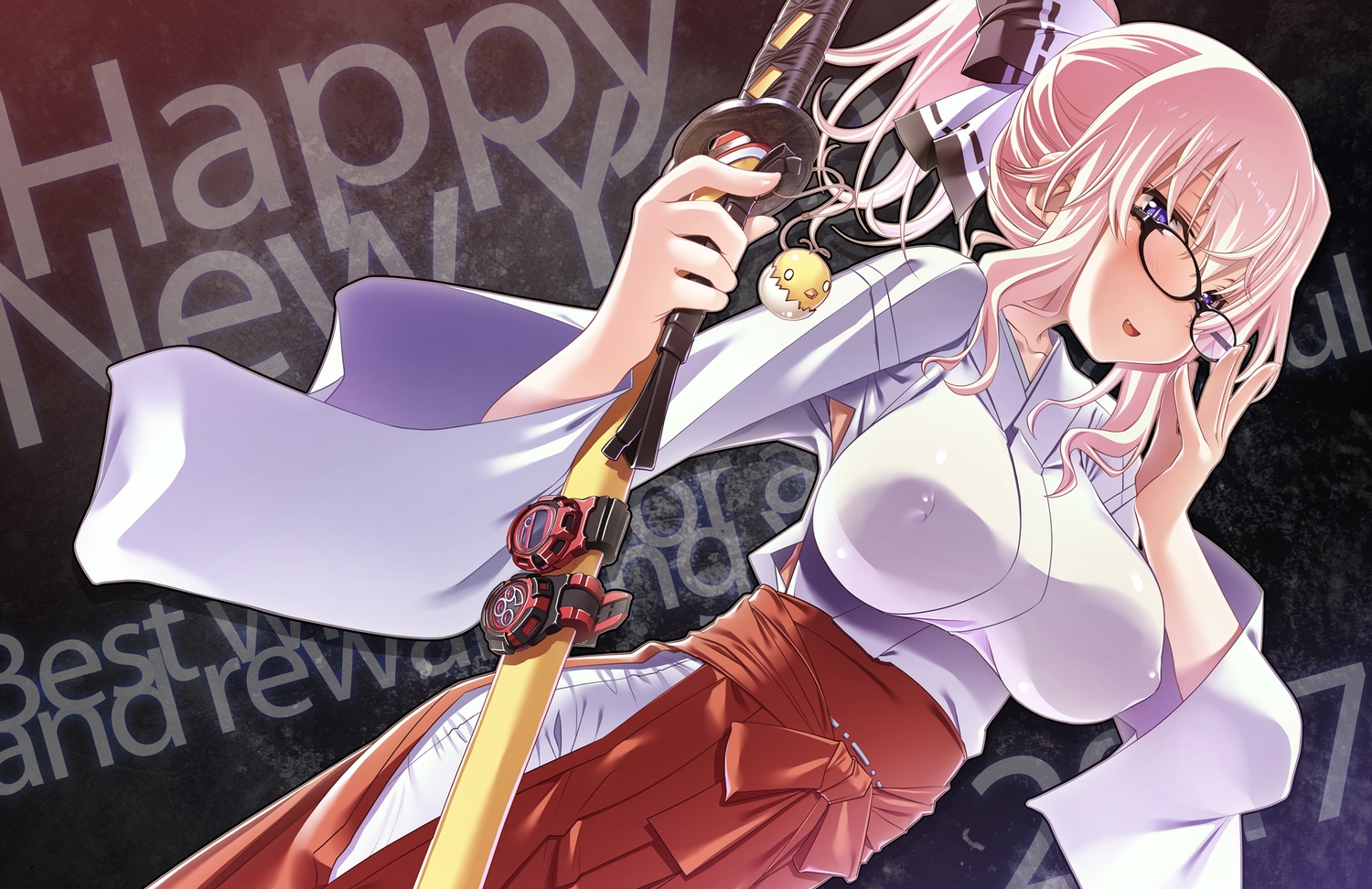 blush, breasts, erect_nipples, fang, glasses, japanese_clothes, katana, long_hair
