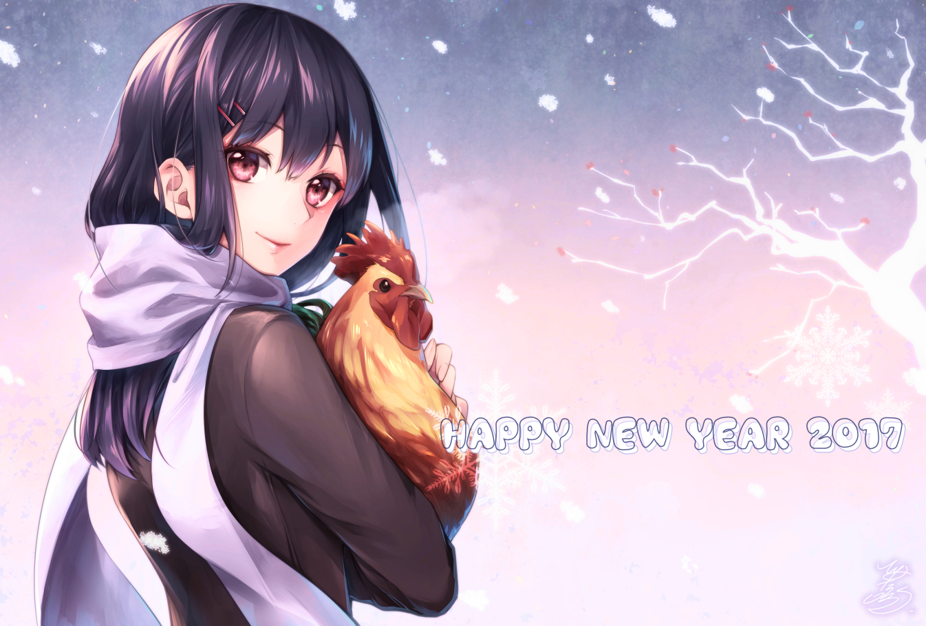 animal, bird, black_hair, hinata_mizuiro, long_hair, original, red_eyes, scarf, tree