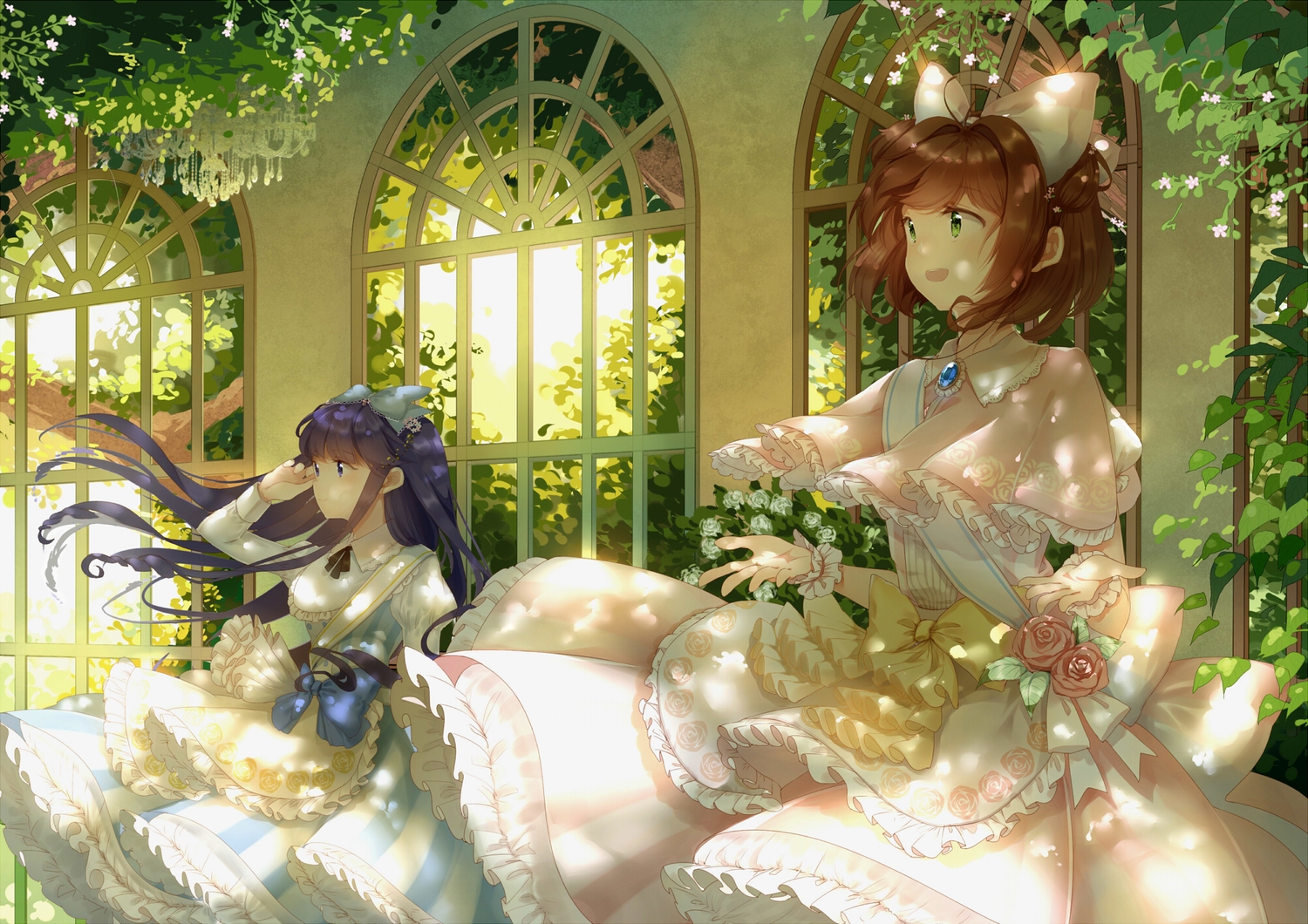 2girls, 3000_xiao_chun, apron, black_hair, bow, brown_hair, card_captor_sakura, daidouji_tomoyo