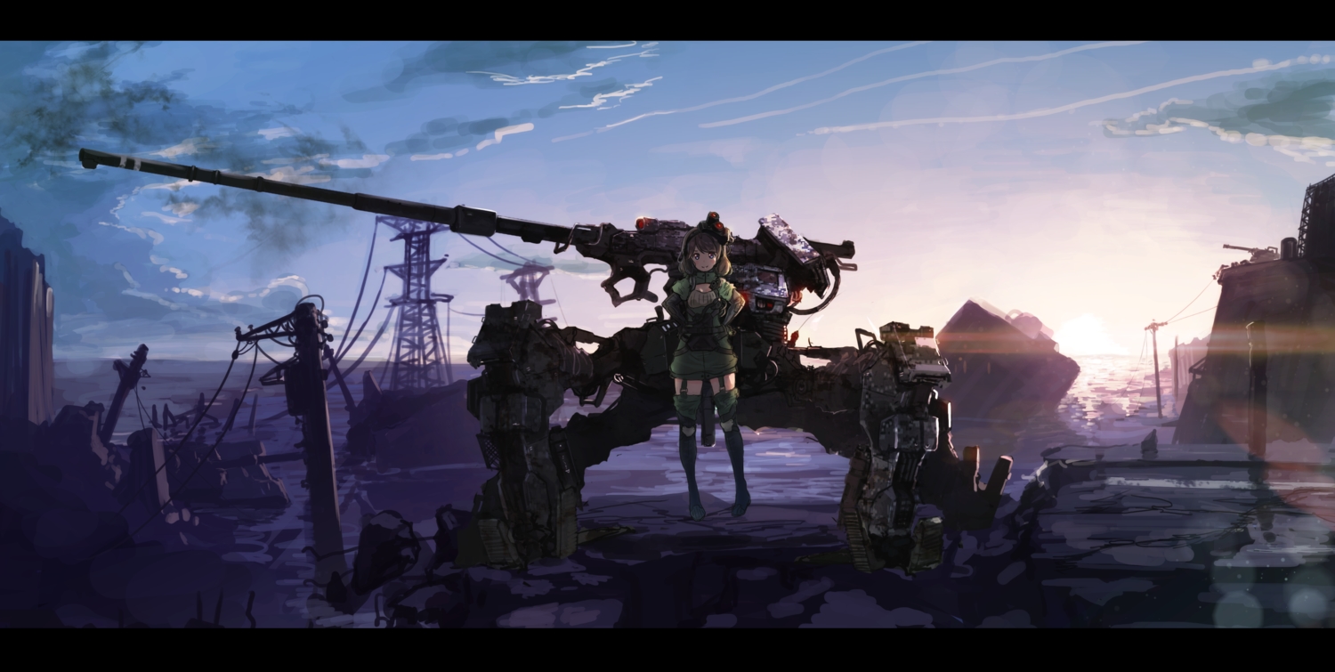 blue_eyes, blush, brown_hair, clouds, long_hair, mecha, oota_youjo, original