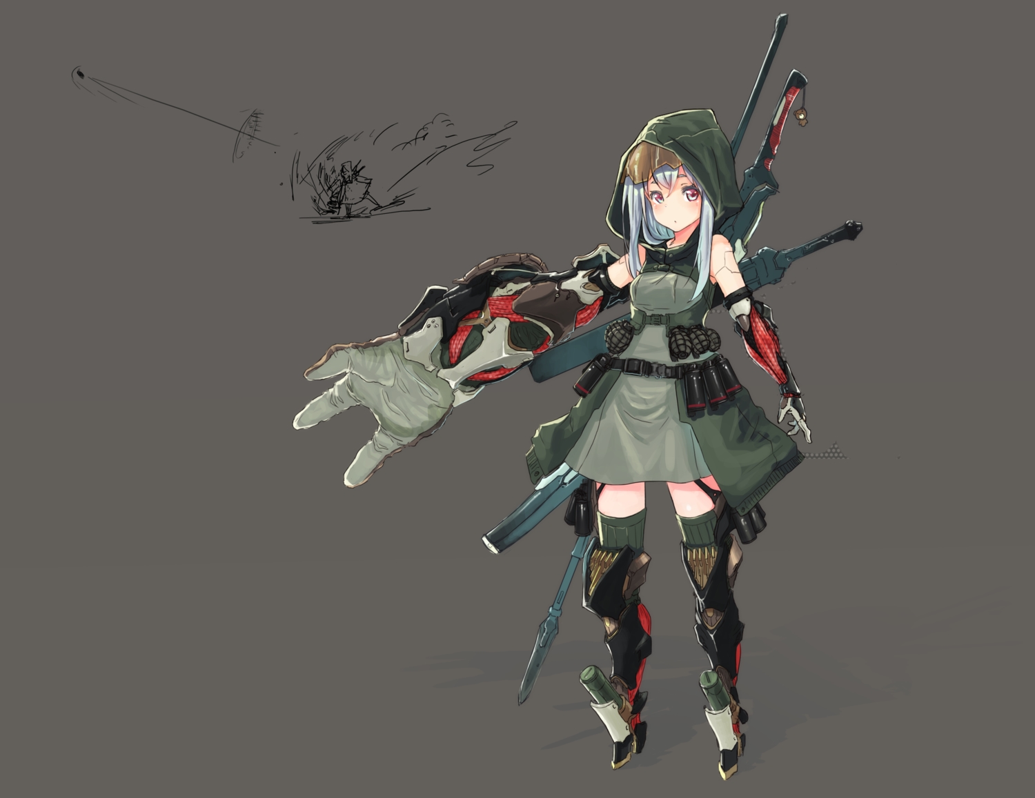 gray, gray_hair, mechagirl, oota_youjo, original, red_eyes, sword, weapon