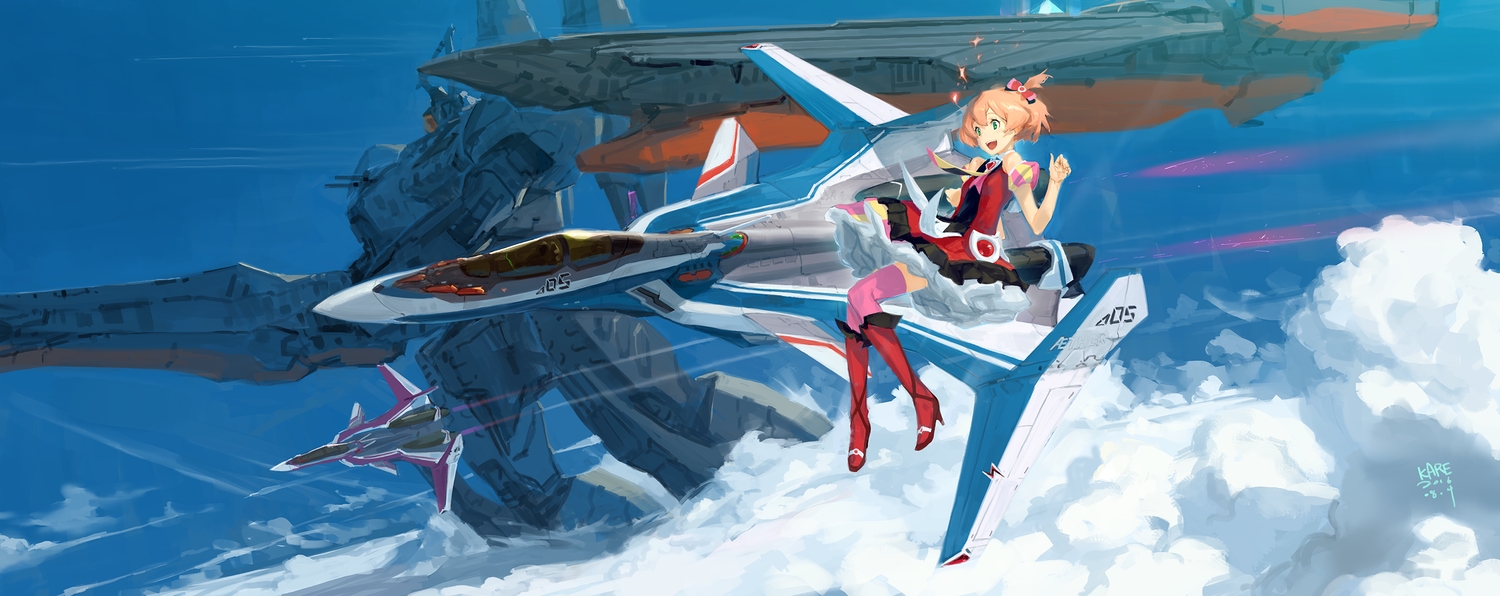 aircraft, blonde_hair, boots, clouds, freyja_wion, green_eyes, hayate_immelmann, macross, macross_delta, macross_elysion, mecha, military, mirage_farina_jenius, short_hair, sky, tommy830219