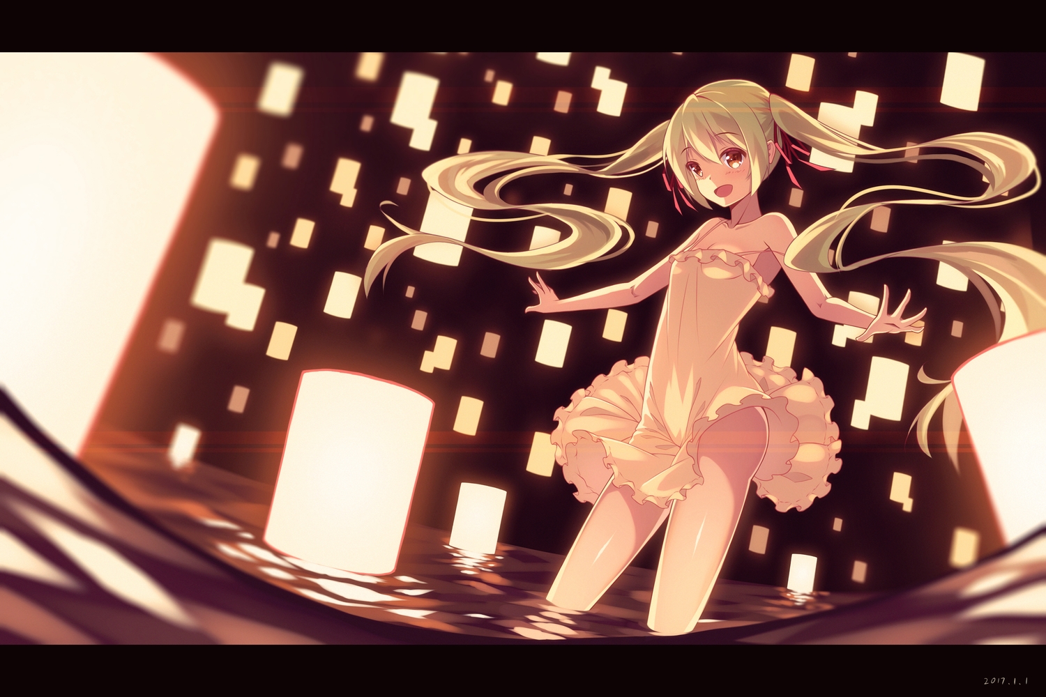 aqua_hair, blush, brown_eyes, dress, hatsune_miku, long_hair, natsu97, ribbons