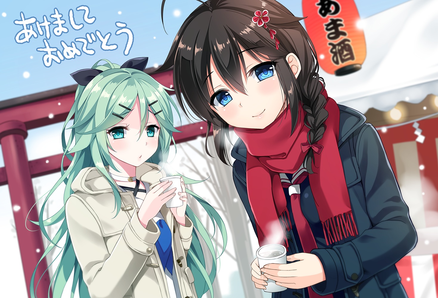 2girls, anthropomorphism, aqua_eyes, aqua_hair, black_hair, blue_eyes, bow, braids