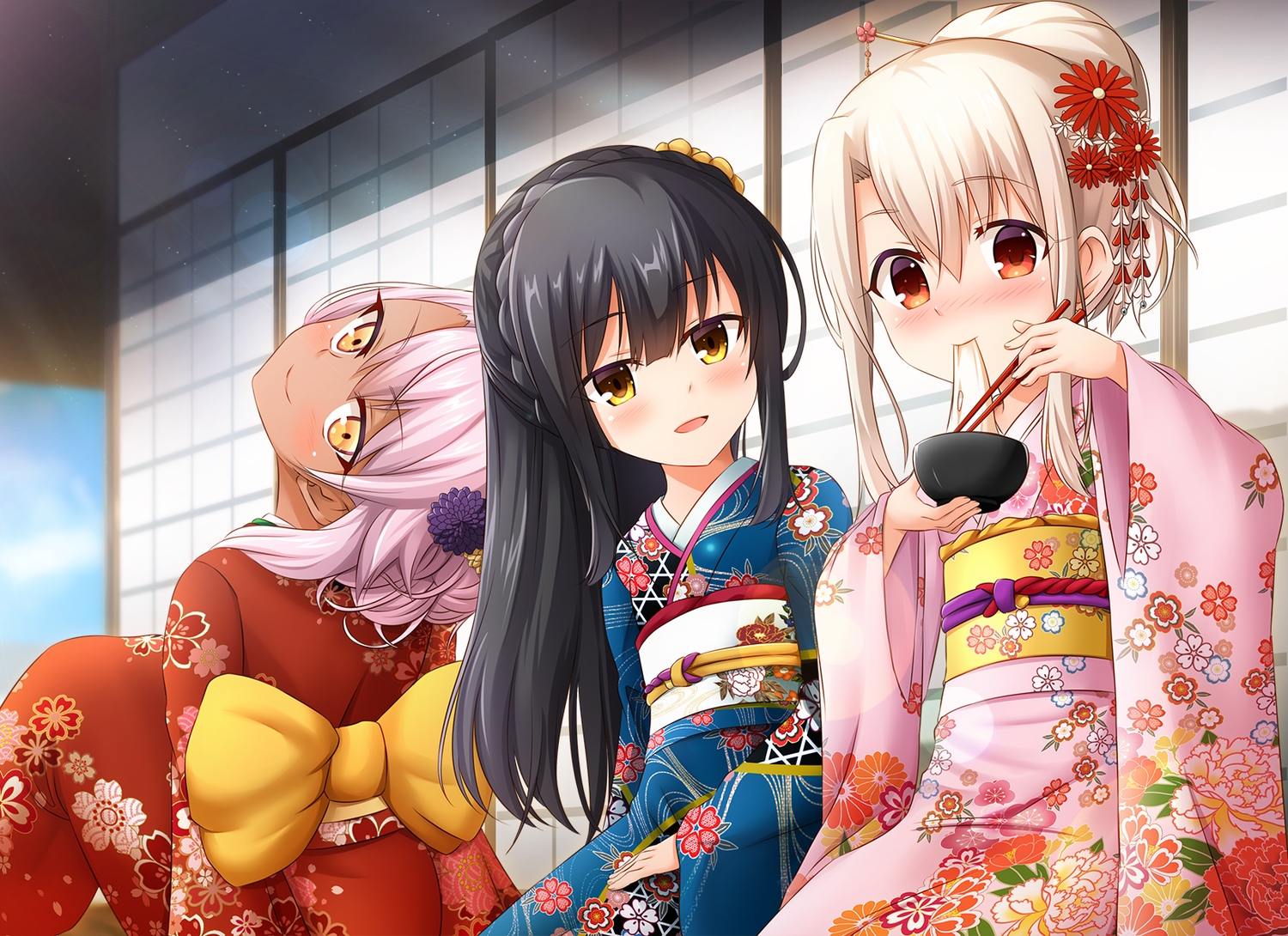 black_hair, blush, chloe_von_einzbern, dark_skin, fate/kaleid_liner_prisma_illya, fate_(series), food, gray_hair