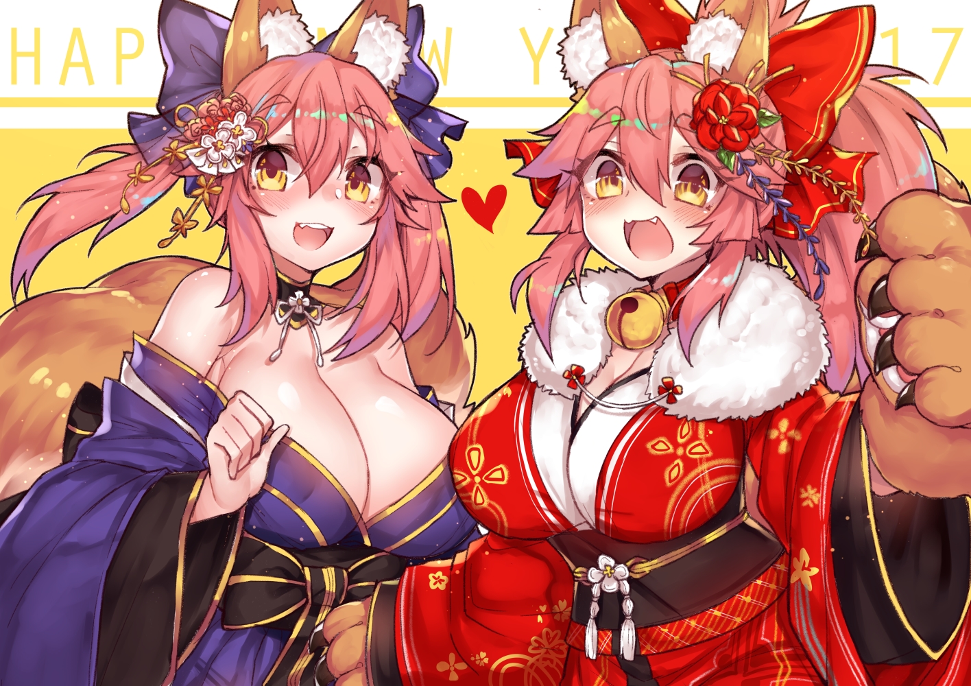 animal_ears, bell, blush, breasts, cleavage, collar, fang, fate/extra, fate/grand_order, fate_(series), foxgirl, japanese_clothes, kimono, long_hair, osiimi, pink_hair, tail, tamamo_cat, tamamo_no_mae_(fate), yellow_eyes