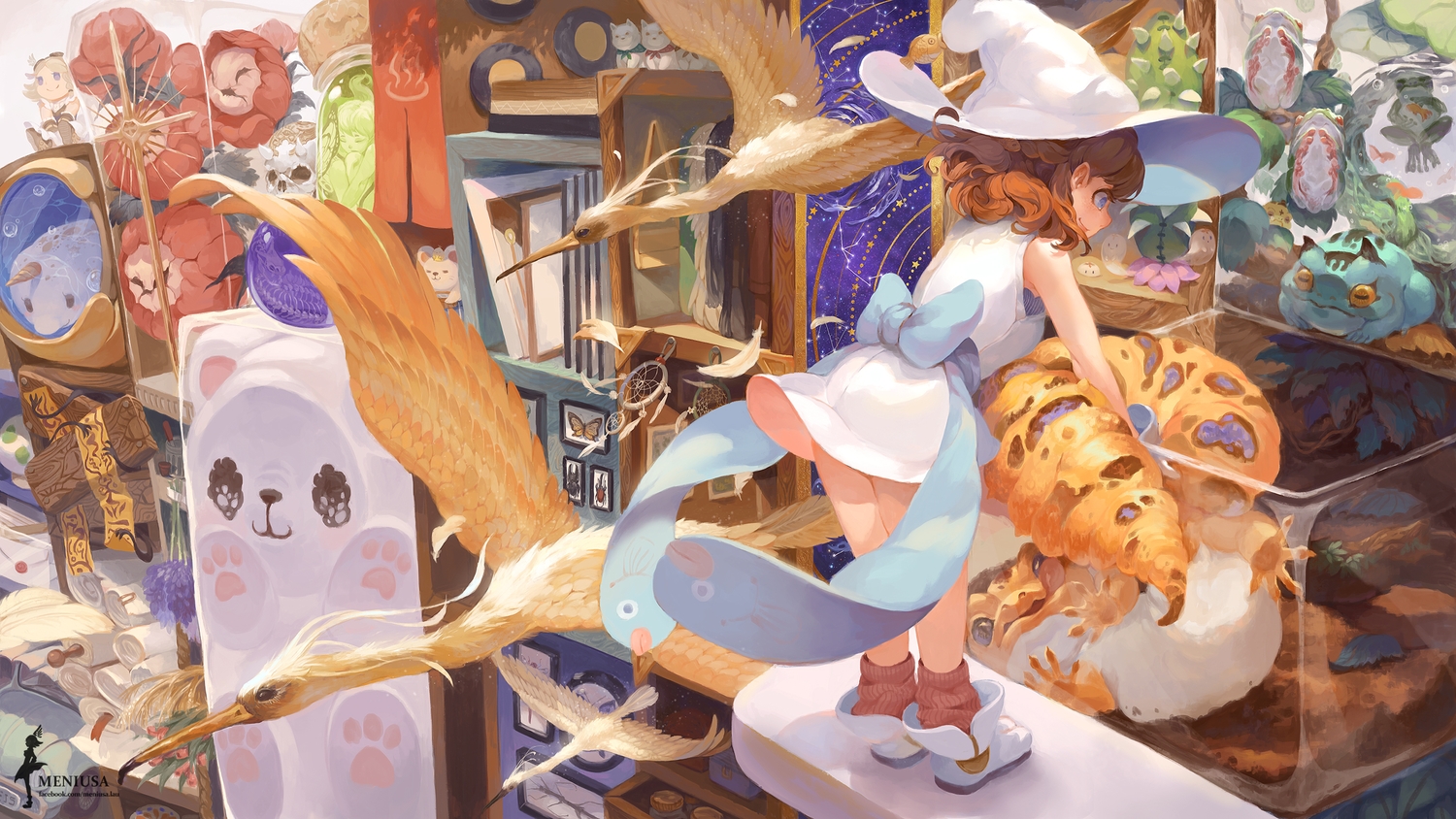 animal, bird, blue_eyes, brown_hair, butterfly, flowers, frog, hat, horns, leaves, long_hair, meniusa, original, skull, water, watermark