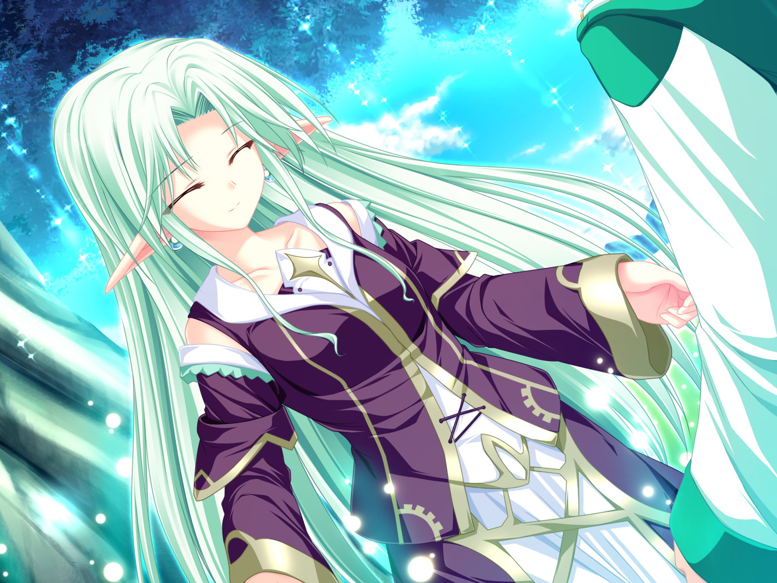 cecile_absentia, dress, game_cg, green_hair, long_hair, magus_tale, pointed_ears, tenmaso