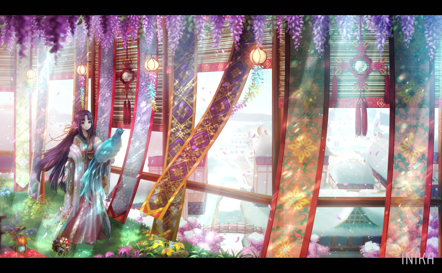animal, ball, bird, blue_eyes, blue_hair, flowers, grass, inika