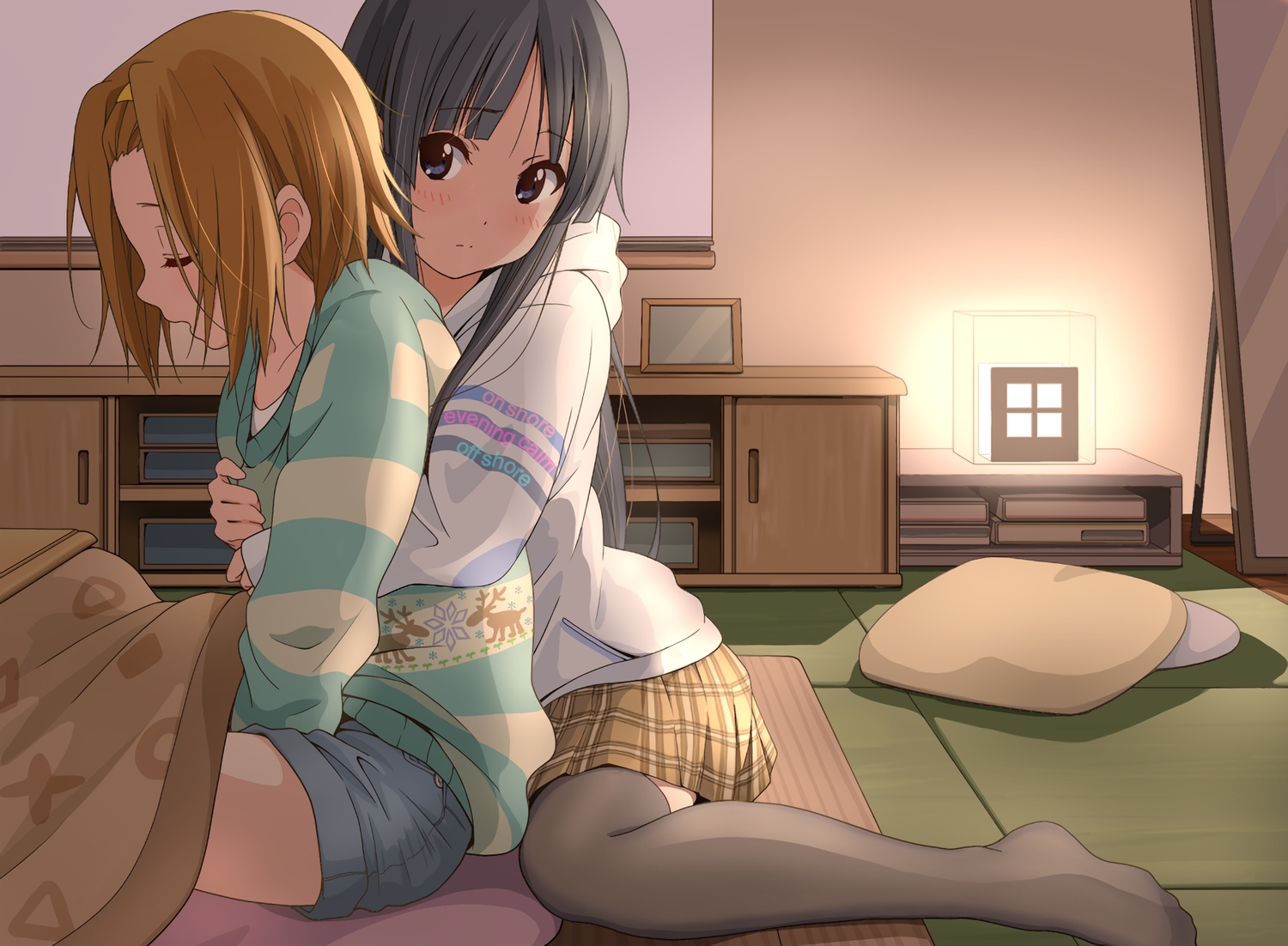 2girls, akiyama_mio, black_eyes, black_hair, blush, brown_hair, dresstrip, headband, hug, k-on!, long_hair, short_hair, shorts, shoujo_ai, skirt, tainaka_ritsu, thighhighs, waifu2x