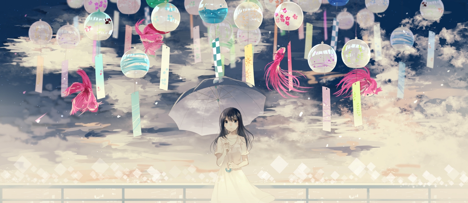animal, black_eyes, black_hair, danjou_sora, dress, fish, long_hair, original
