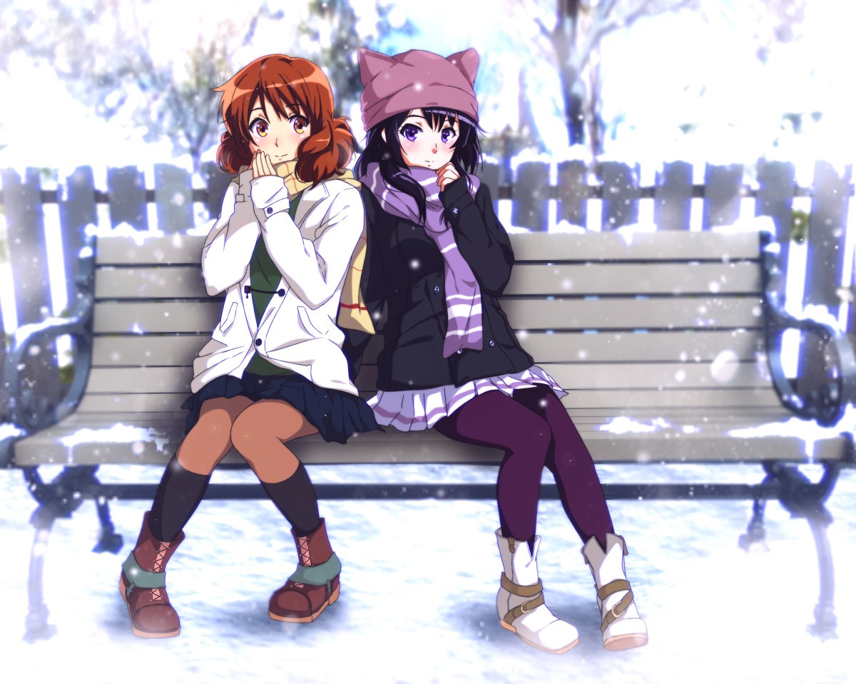 2girls, black_hair, brown_eyes, brown_hair, hat, hibike!_euphonium, kousaka_reina, long_hair
