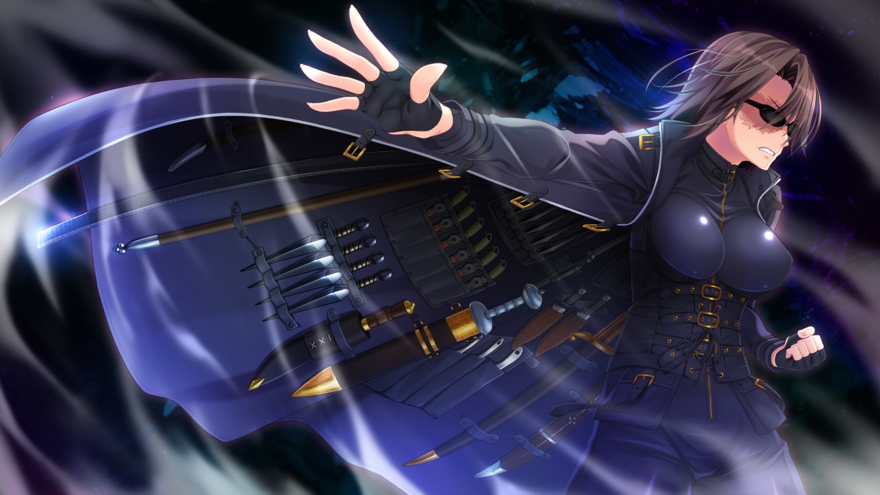 breasts, cape, clouds, game_cg, glasses, gloves, kiritou_serena, knife