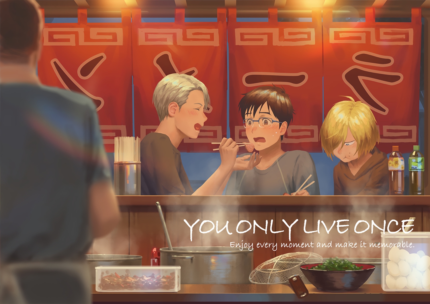all_male, black_hair, blonde_hair, blue_eyes, blush, brown_eyes, drink, food