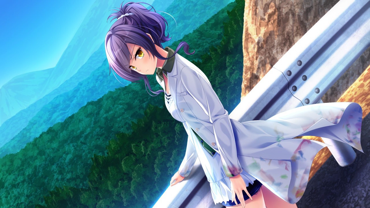 dress, erisaka_mifuyu, forest, game_cg, moonstone, purple_hair, sakura_no_mori_dreamers, short_hair