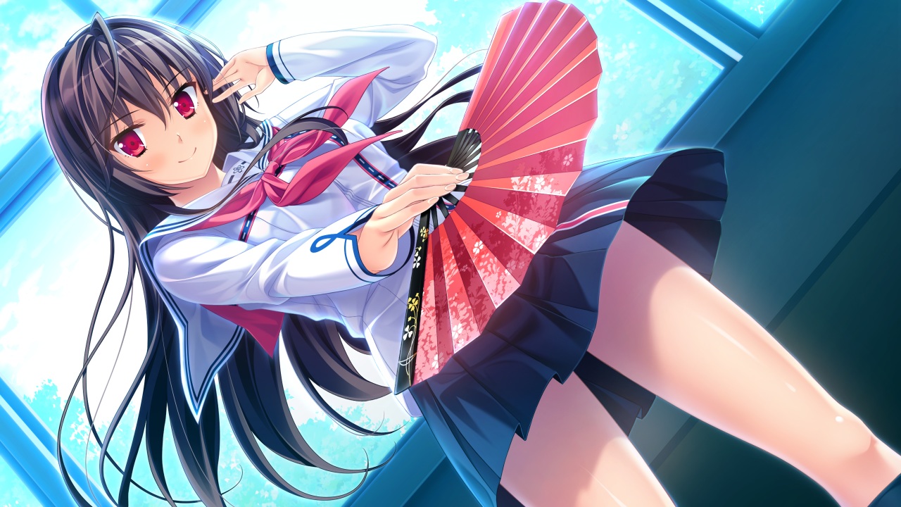 black_hair, blush, game_cg, kiritou_kureha, kneehighs, long_hair, moonstone, red_eyes