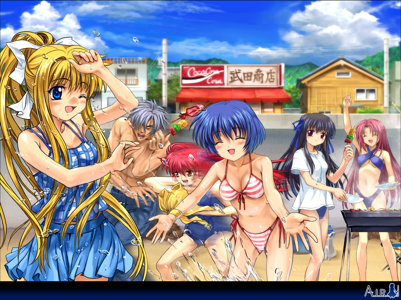 air, beach, bikini, food, group, kamio_haruko, kamio_misuzu, kirishima_kano, kunisaki_yukito, male, michiru, moonknives, summer, swimsuit, tohno_minagi, water