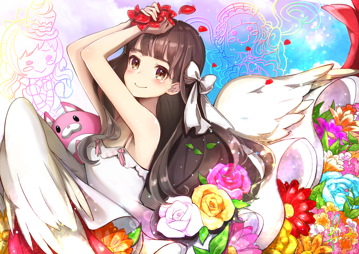 blush, bow, brown_eyes, brown_hair, dress, flowers, long_hair, petals