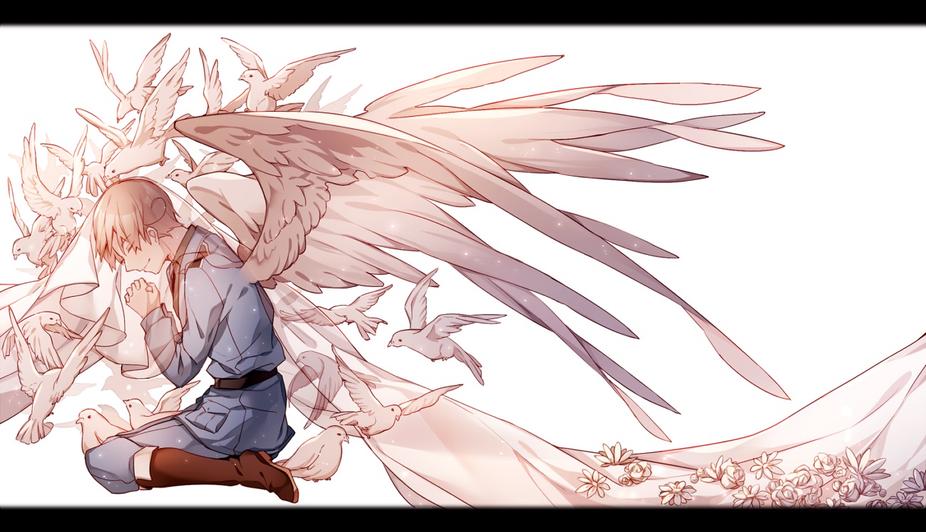 all_male, animal, anthropomorphism, axis_powers_hetalia, bird, blonde_hair, boots, flowers