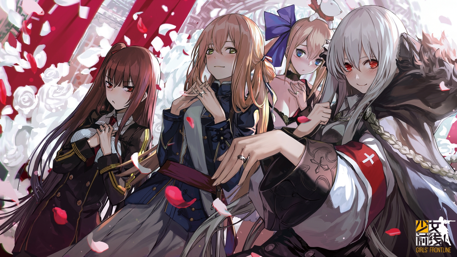 anthropomorphism, blonde_hair, blue_eyes, blush, braids, choker, dress, fal_(girls_frontline)