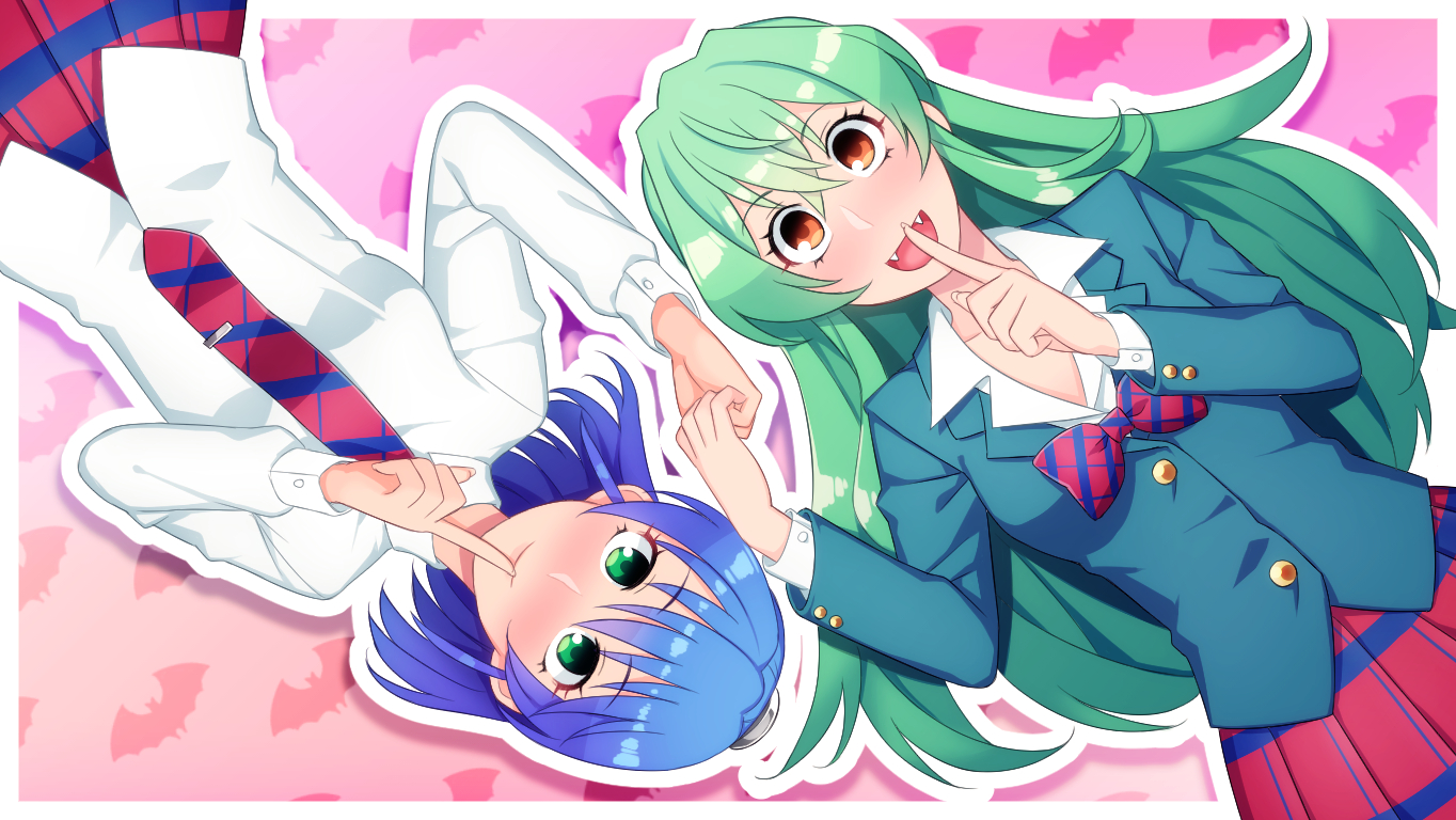 2girls, aizawa_nagisa, blue_hair, bow, green_eyes, green_hair, jitsu_wa_watashi_wa, long_hair, school_uniform, shiragami_youko, short_hair, skirt, tie, tkhs, vampire
