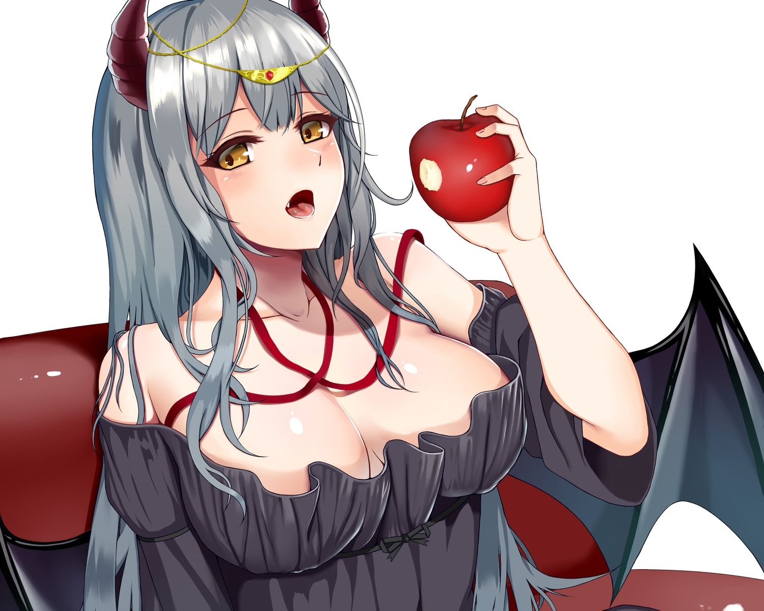 apple, atelier_yuu, blush, breasts, cropped, demon, fang, food, fruit, gray_hair, horns, long_hair, original, succubus, wings, yellow_eyes