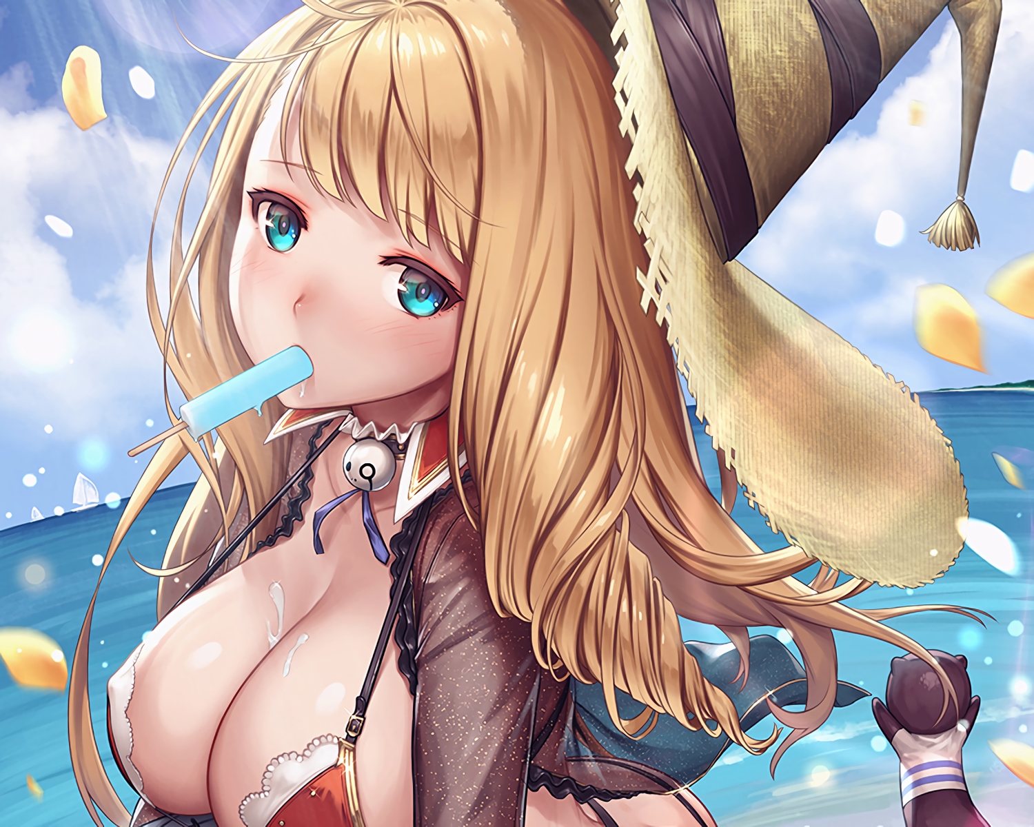 aqua_eyes, babayaga_(chloris_garden), blonde_hair, blush, breasts, chloris_garden, clouds, cropped, food, hat, ice_cream, long_hair, original, popsicle, remana, see_through, sky, waifu2x, water