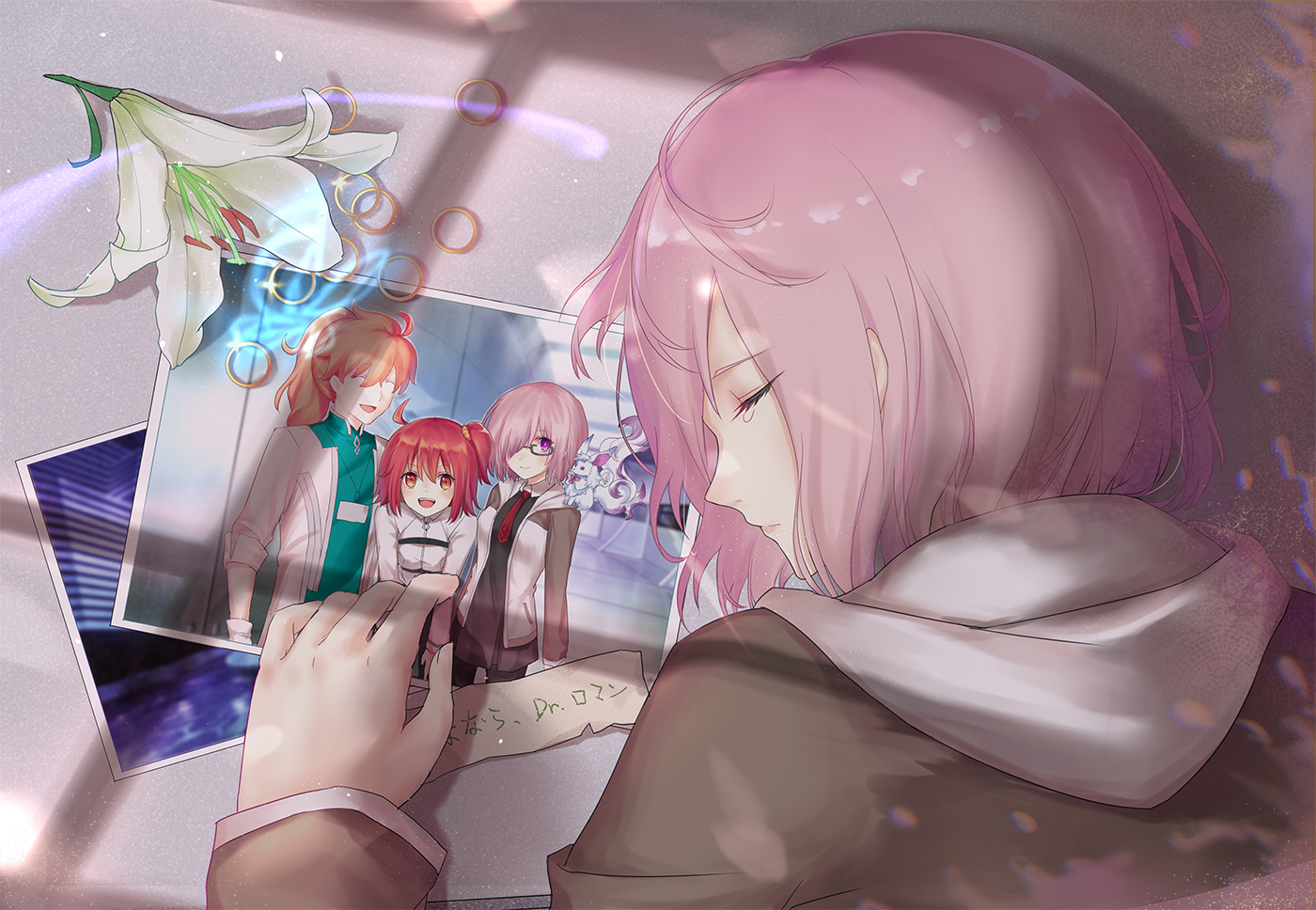 fate/grand_order, fate_(series), flowers, fou_(fate/grand_order), fujimaru_ritsuka_(female), glasses, long_hair, male, mash_kyrielight, ponytail, purple_eyes, red_eyes, romani_archaman, short_hair, tears, tie, tokikouhime