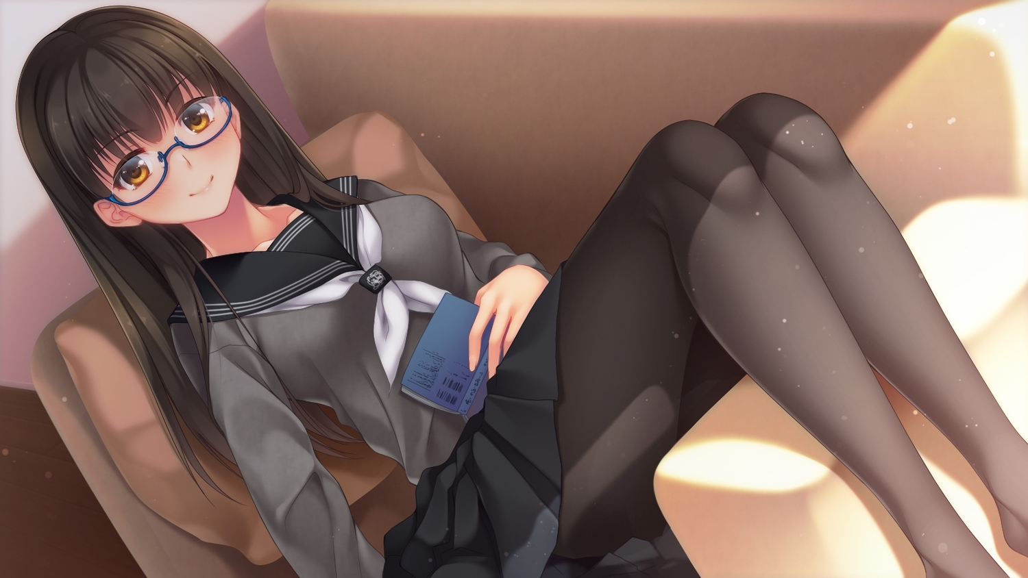 black_hair, blush, book, breasts, couch, glasses, imachireki, long_hair
