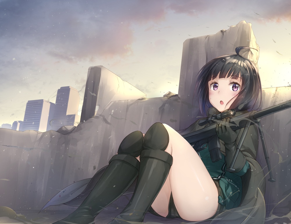 amatori_chika, black_hair, blush, boots, building, clouds, gloves, purple_eyes