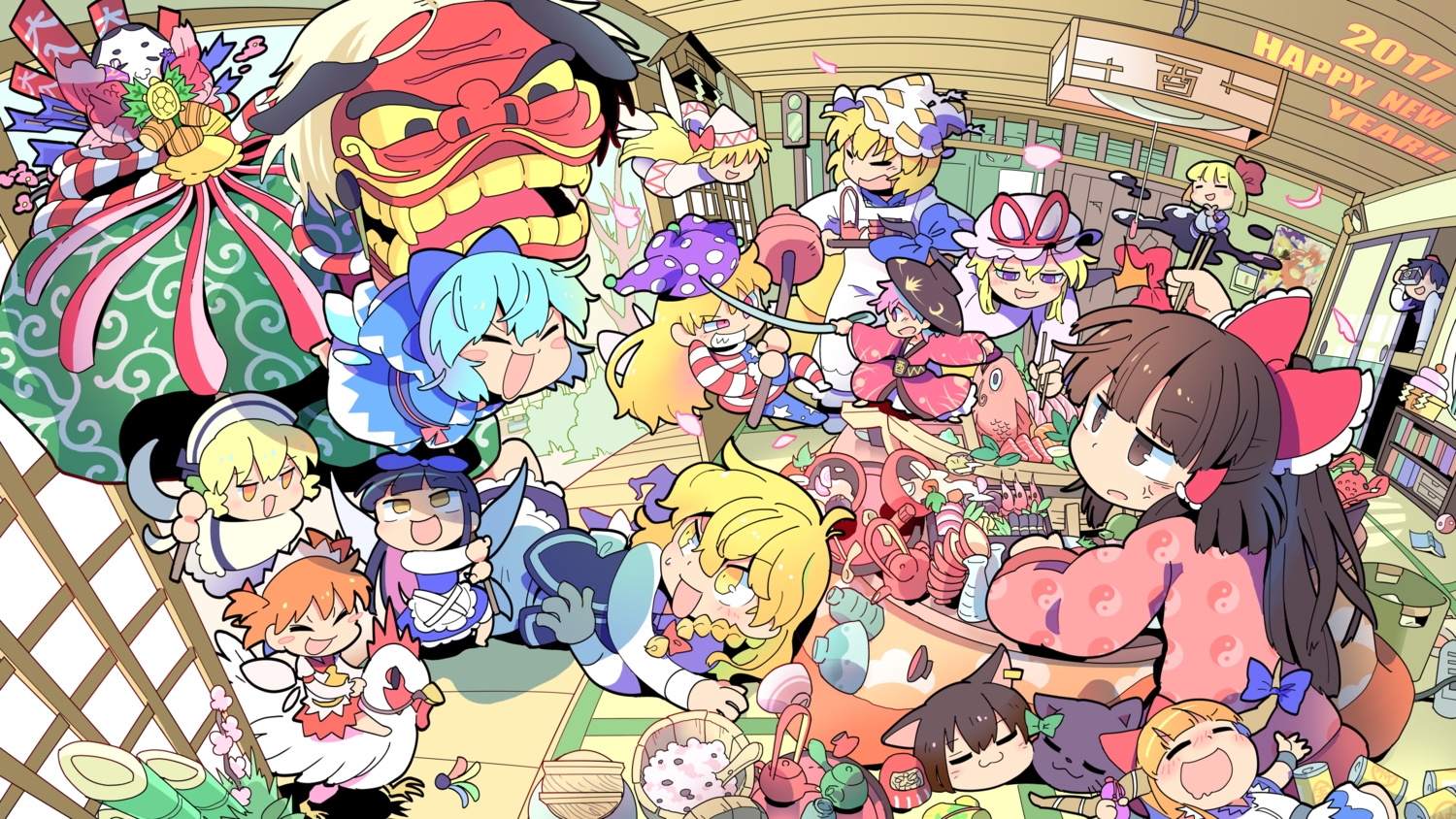 animal, animal_ears, aqua_hair, barefoot, bird, blonde_hair, blush, book, bow, braids, brown_eyes, brown_hair, camera, cat, catgirl, cat_smile, chen, cirno, clownpiece, dress, drink, fairy, fish, food, foxgirl, group, hakurei_reimu, hat, horns, ibuki_suika, japanese_clothes, kaenbyou_rin, kirisame_marisa, lily_white, long_hair, momoyama_nozomu, orange_hair, pantyhose, petals, pink_eyes, pink_hair, purple_eyes, rumia, shameimaru_aya, short_hair, star_sapphire, sukuna_shinmyoumaru, sunny_milk, touhou, tree, yakumo_ran, yakumo_yukari, yellow_eyes