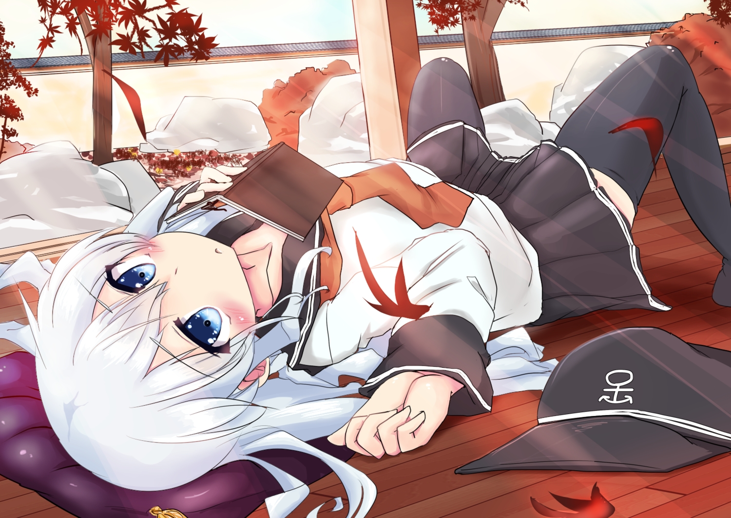 anthropomorphism, autumn, blue_eyes, blush, book, gray_hair, hat, hibiki_(kancolle), kantai_collection, leaves, long_hair, school_uniform, skirt, thighhighs, tree, yuu_(togishi_kanata)