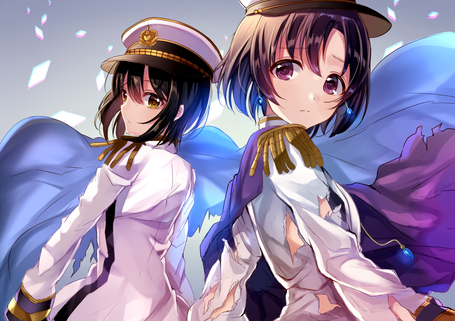 2girls, black_hair, brown_eyes, hat, idolmaster, idolmaster_cinderella_girls, idolmaster_cinderella_girls_starlight_stage, military