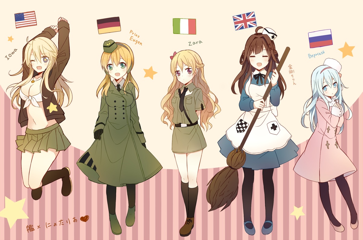 anthropomorphism, a_(riduass023), axis_powers_hetalia, black_hair, blonde_hair, blue_hair, breasts, hibiki_(kancolle)