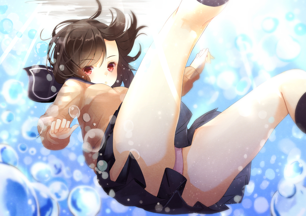 aliasing, brown_hair, bubbles, kneehighs, original, panties, red_eyes, reio_(reio_reio)