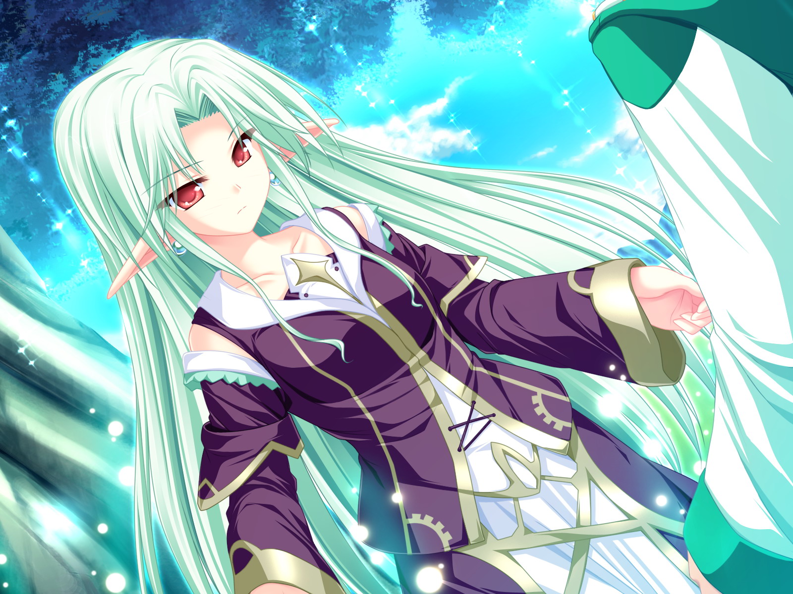 cecile_absentia, dress, game_cg, green_hair, long_hair, magus_tale, pink_eyes, pointed_ears