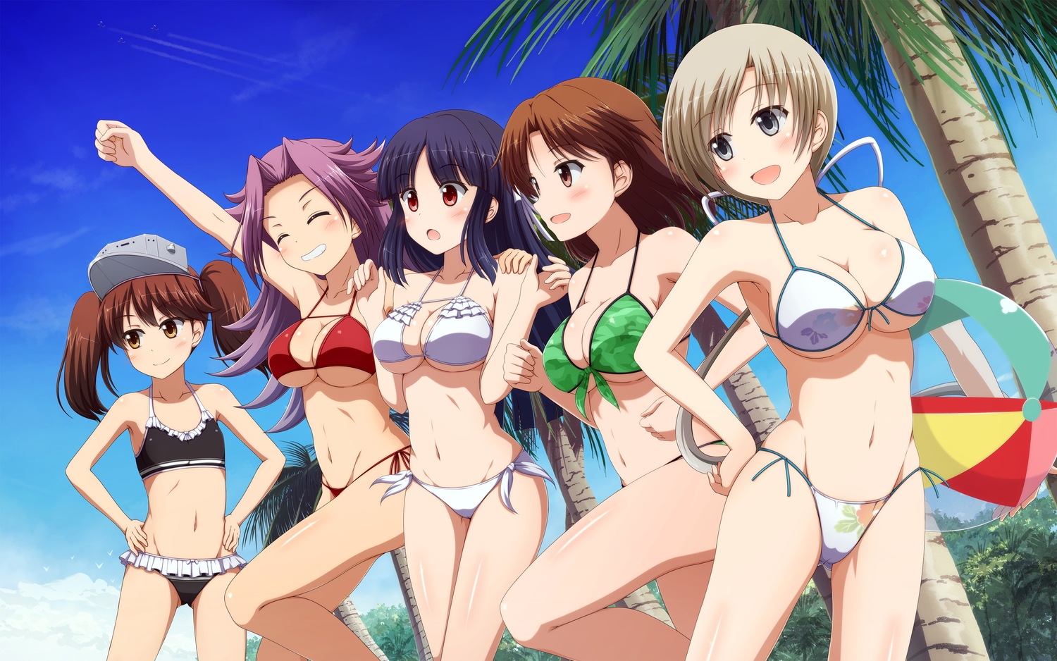 anthropomorphism, ball, bikini, breasts, chitose_(kancolle), chiyoda_(kancolle), cleavage, group