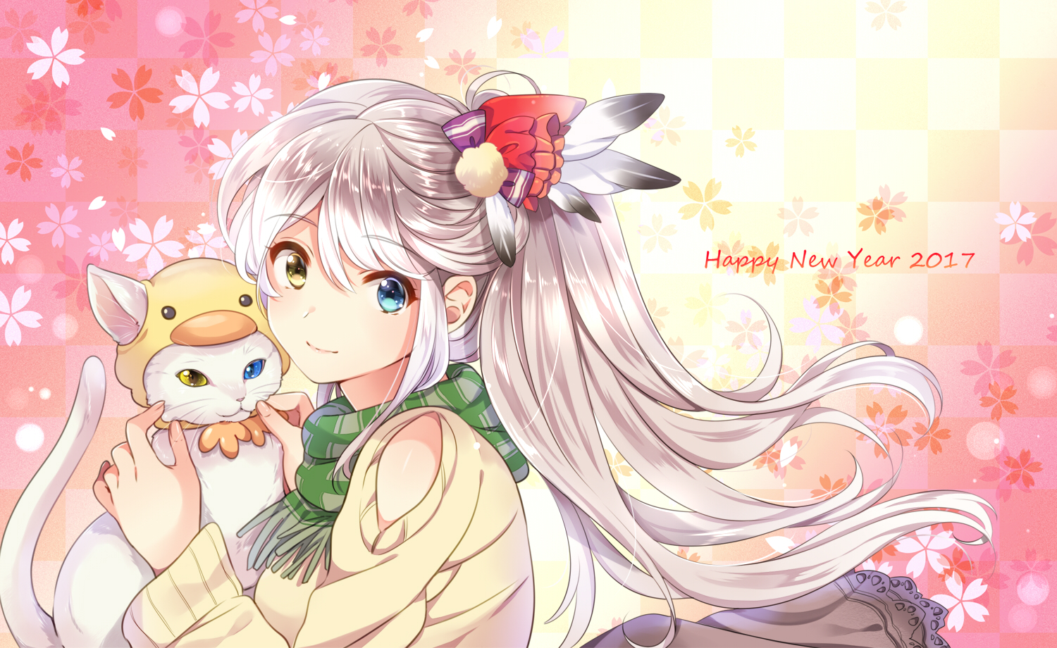animal, bicolored_eyes, cat, gray_hair, long_hair, mihara_youzora, original, ponytail, scarf