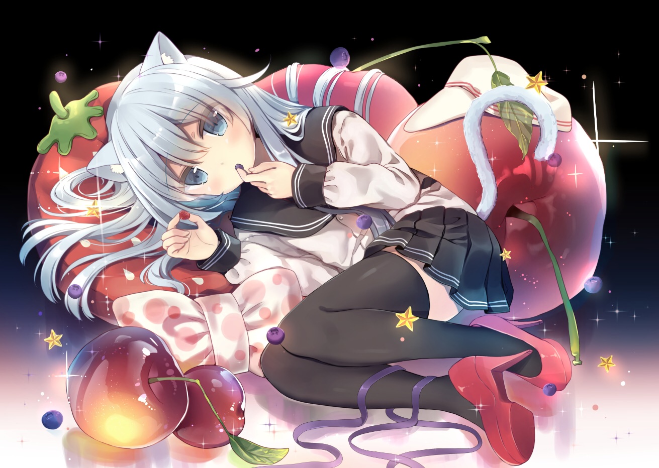 animal_ears, anthropomorphism, apple, blue_eyes, blue_hair, bow, catgirl, food, fruit, hat, hibiki_(kancolle), kantai_collection, long_hair, mitsuki_ponzu, ribbons, school_uniform, skirt, stars, tail, thighhighs, verniy_(kancolle)