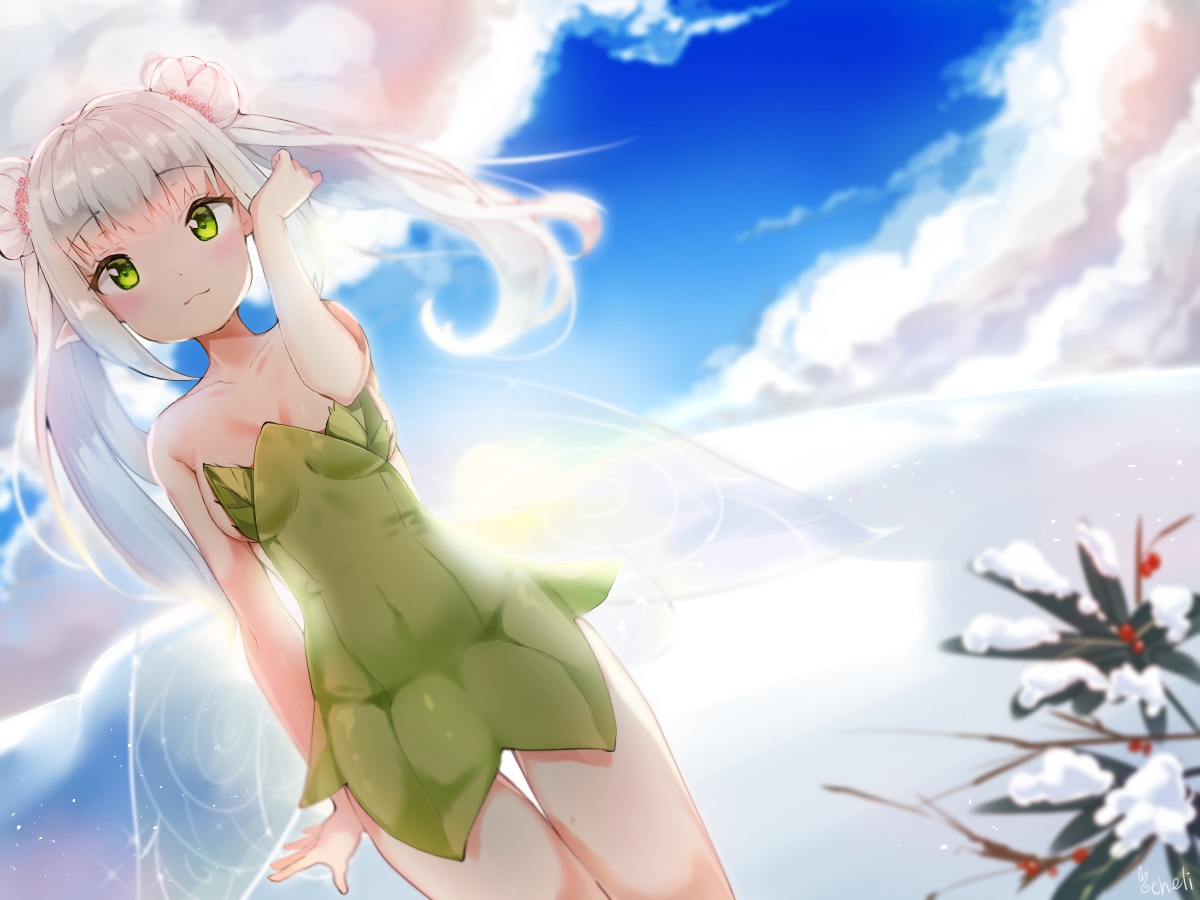 cheli_(kso1564), clouds, dress, gray_hair, green_eyes, long_hair, original, signed