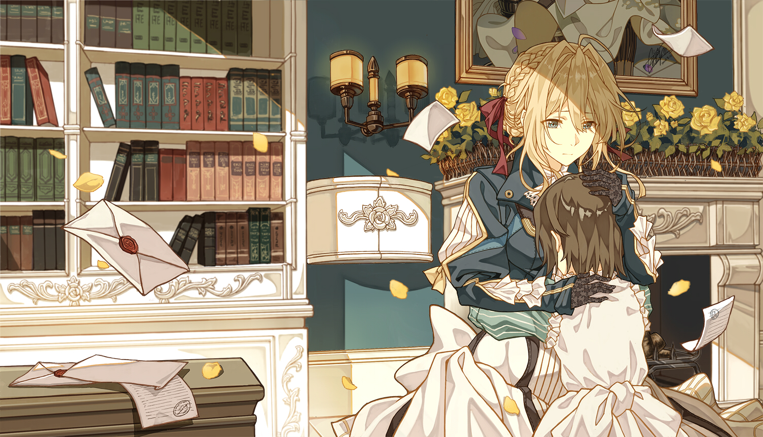blonde_hair, book, braids, cheese_kang, dress, flowers, gloves, paper